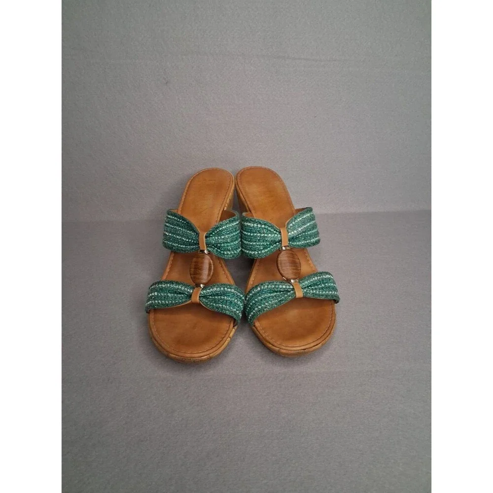 Italian Shoemakers Teal Beaded Cork Wedge Sandals Size 9 Boho Slide Heels